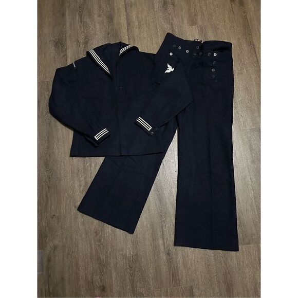 Vintage Military Wool USS Ranger Enlisted Top and Pants Navy Wool Wide Leg Sz 30 - Picture 1 of 15
